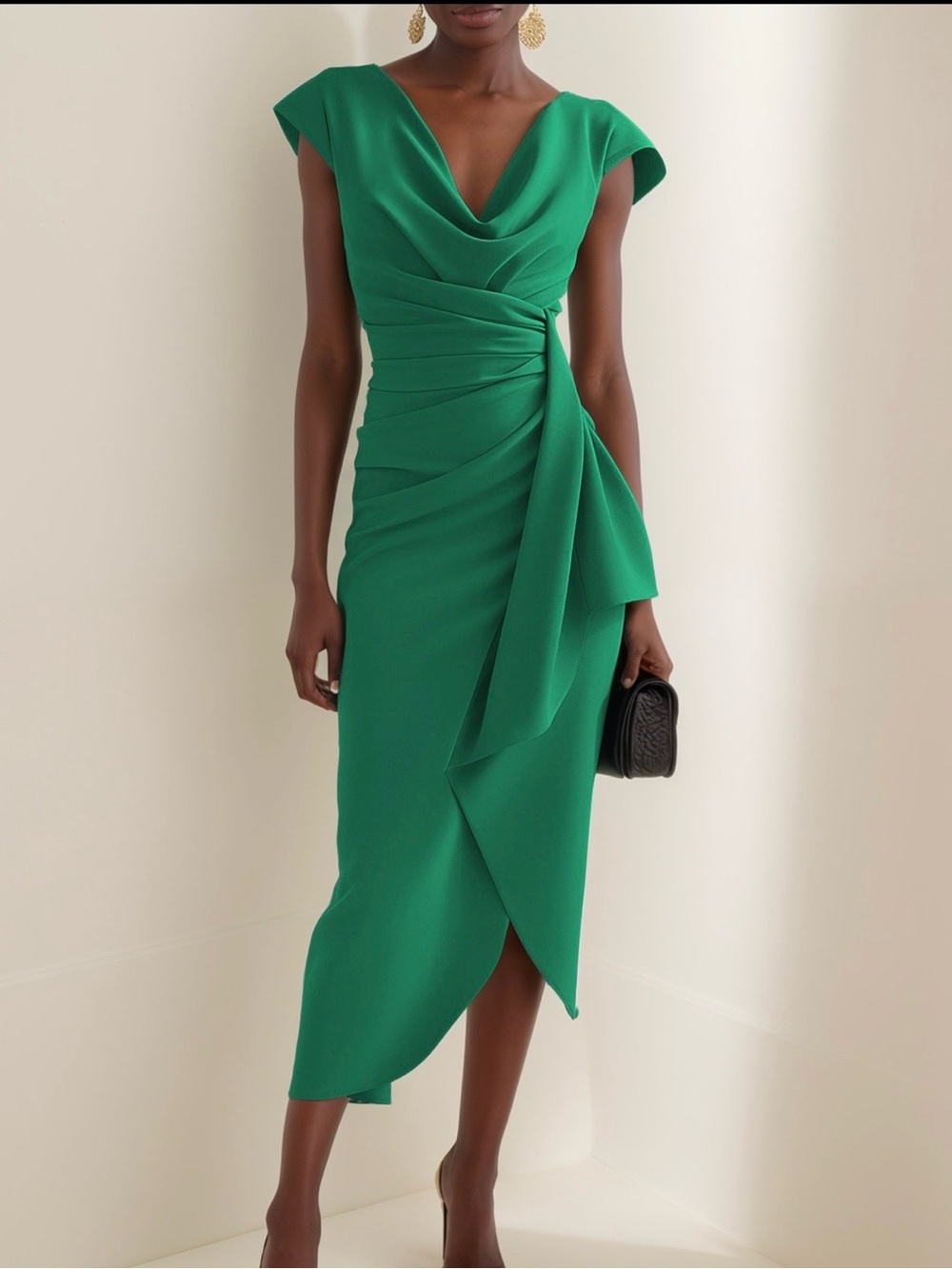 Fehaute Green Cowl Neck Ruched Cap Sleeve Sheath Midi Dress SZ 8.